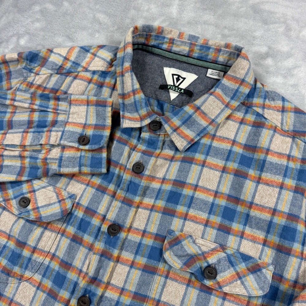 VISSLA Central Coast ECO Flannel Shirt Mens XL Blue Orange Organic Cotton Plaid